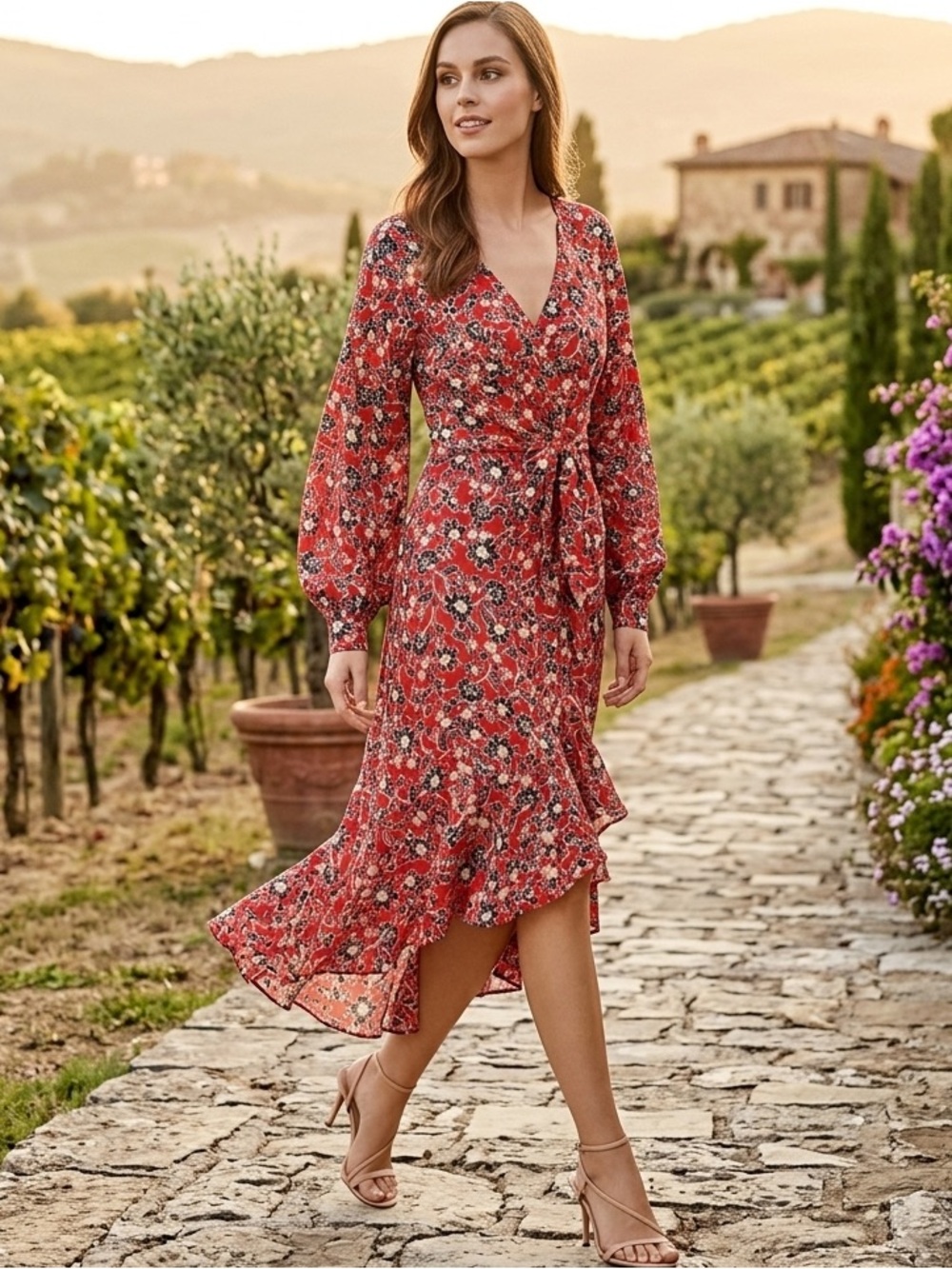 Parker Kinsale 100% Silk Red Floral Wrap High Low Midi Dress 10 NWT